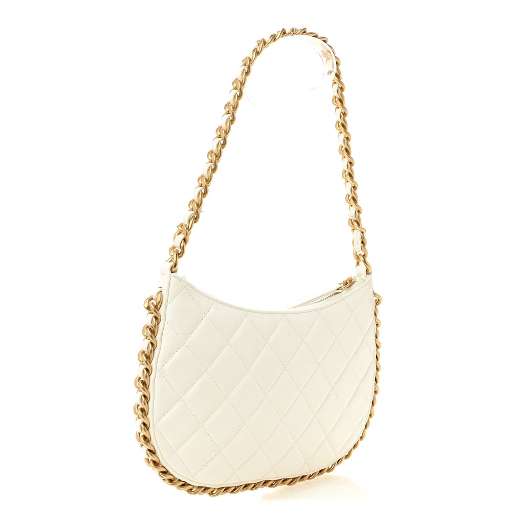 Shiny Crumpled Lambskin Quilted Trendy Chain Around Hobo White
