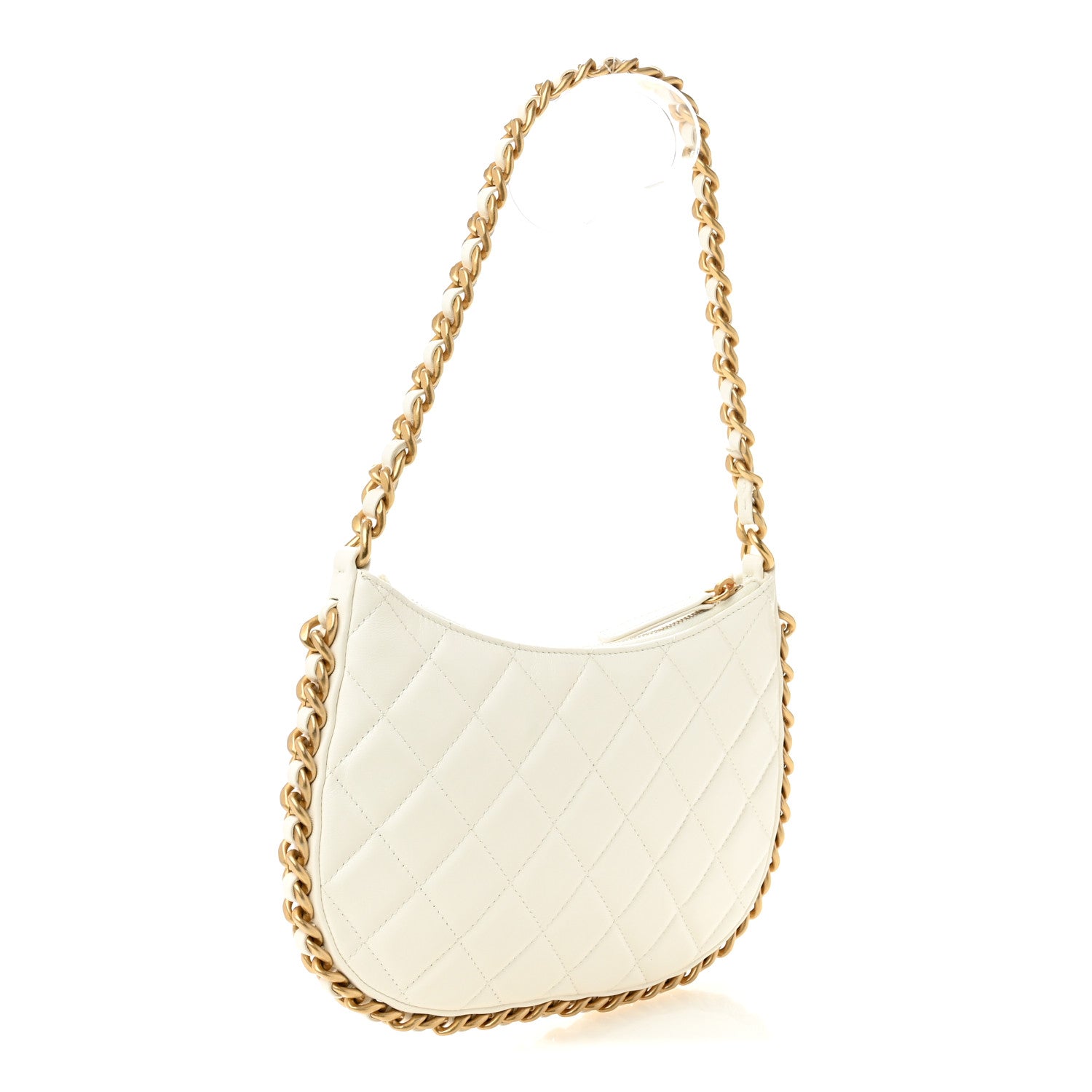 Shiny Crumpled Lambskin Quilted Trendy Chain Around Hobo White