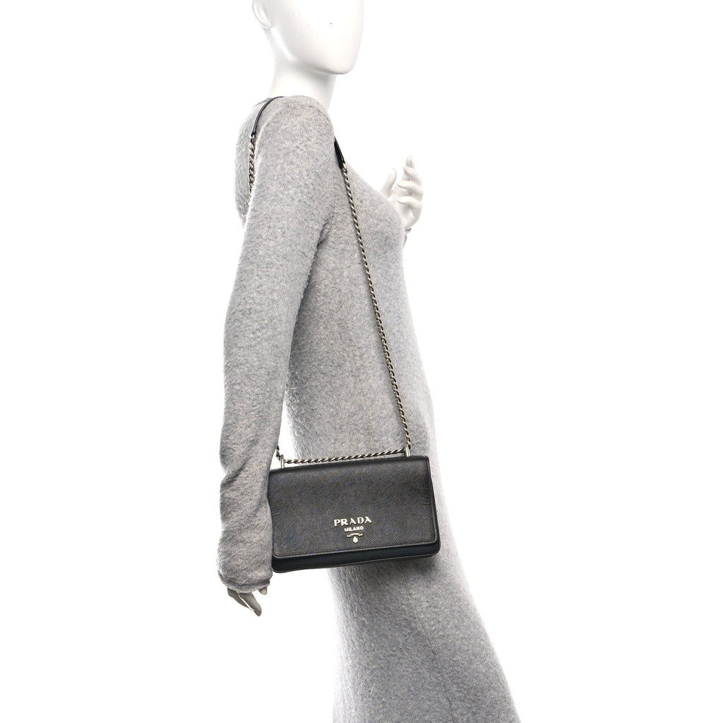 Saffiano Tessuto Nylon Chain Shoulder Bag Black