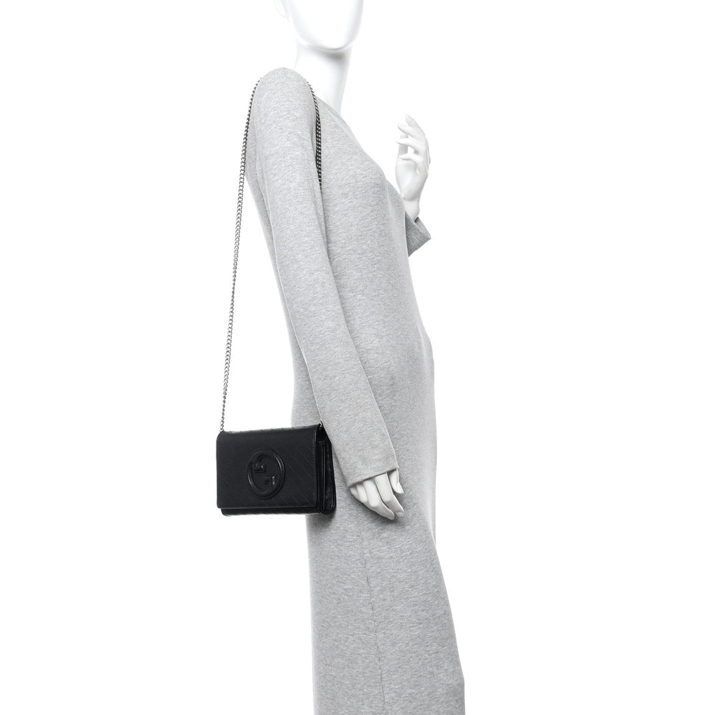 Sakai Be Green Calfskin Diagonal Stitched Blondie Wallet on Chain Black