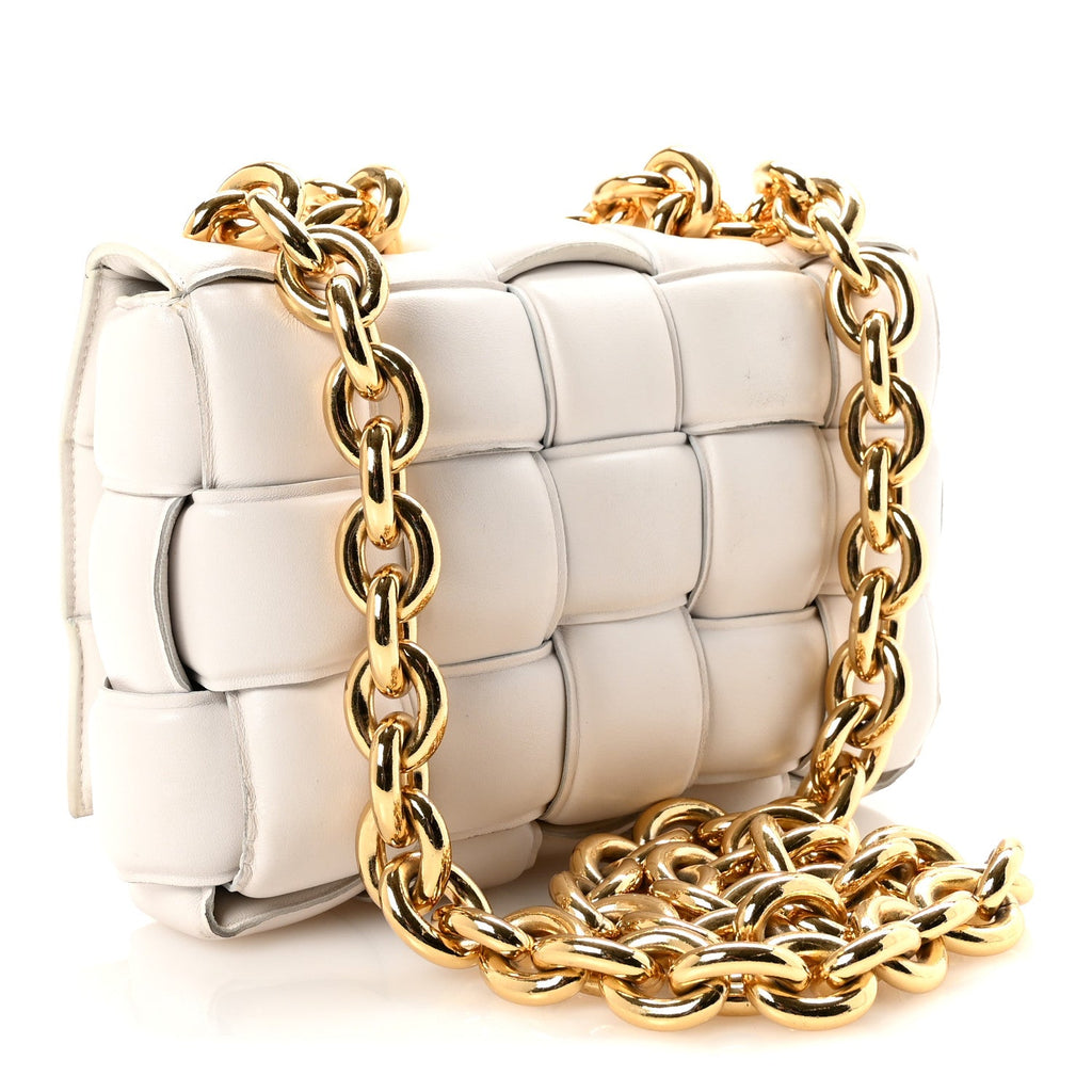 Lambskin Maxi Intreccio Padded Chain Cassette Crossbody Bag White