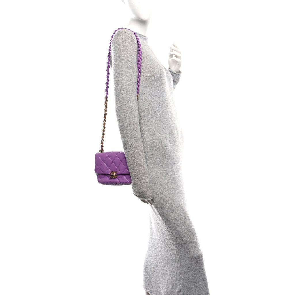 Lambskin Quilted Mini Lacquered Chain Flap Purple
