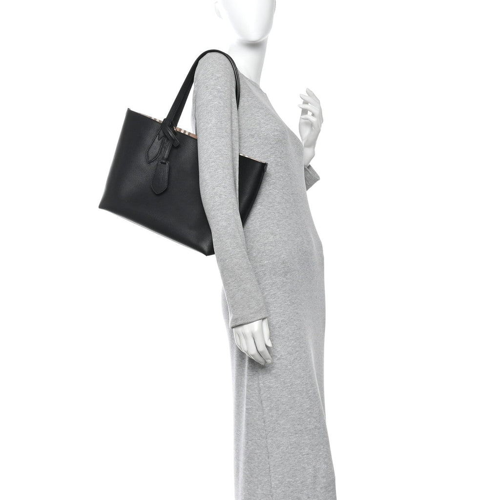 Grainy Calfskin Haymarket Check Small Reversible Tote Black