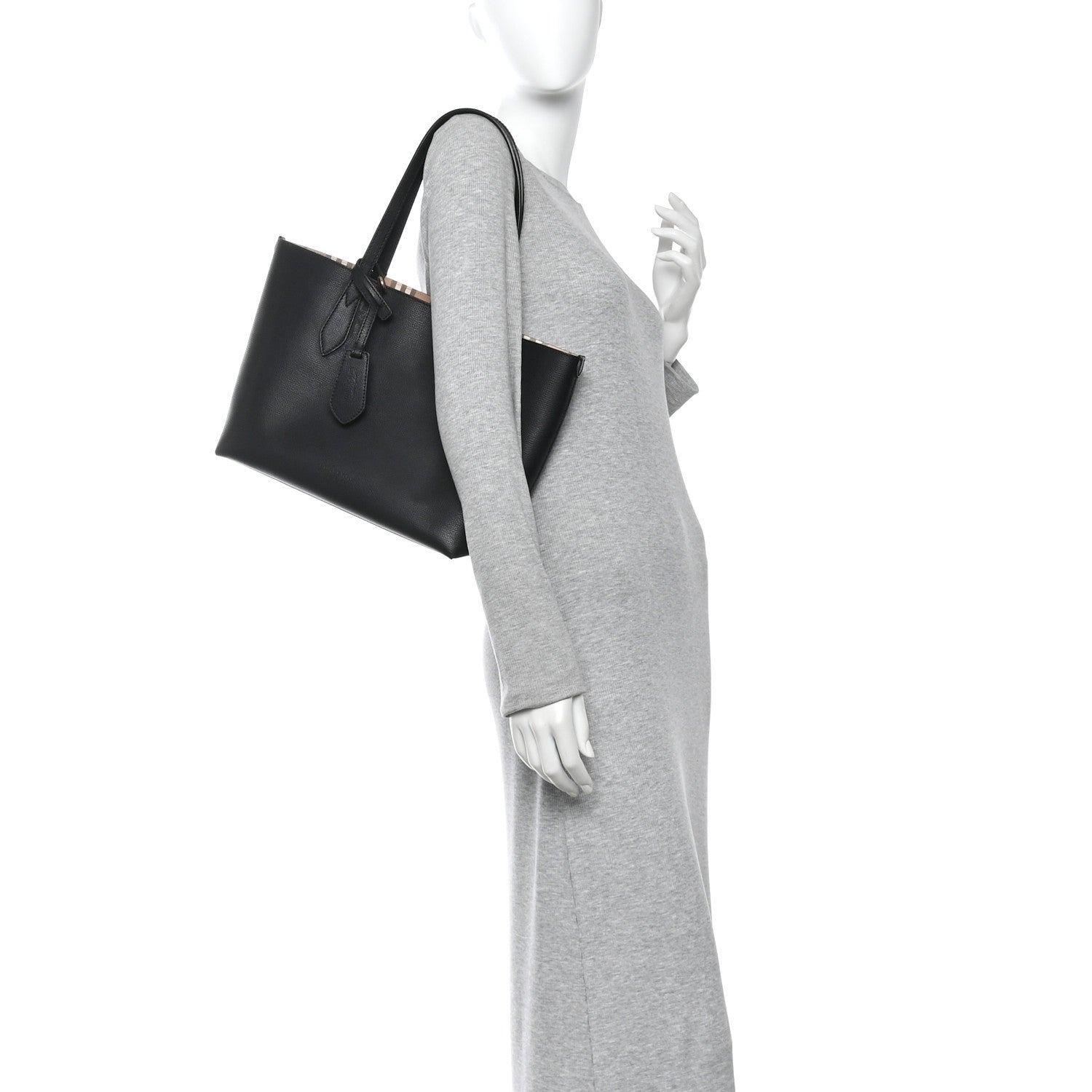 Grainy Calfskin Haymarket Check Small Reversible Tote Black