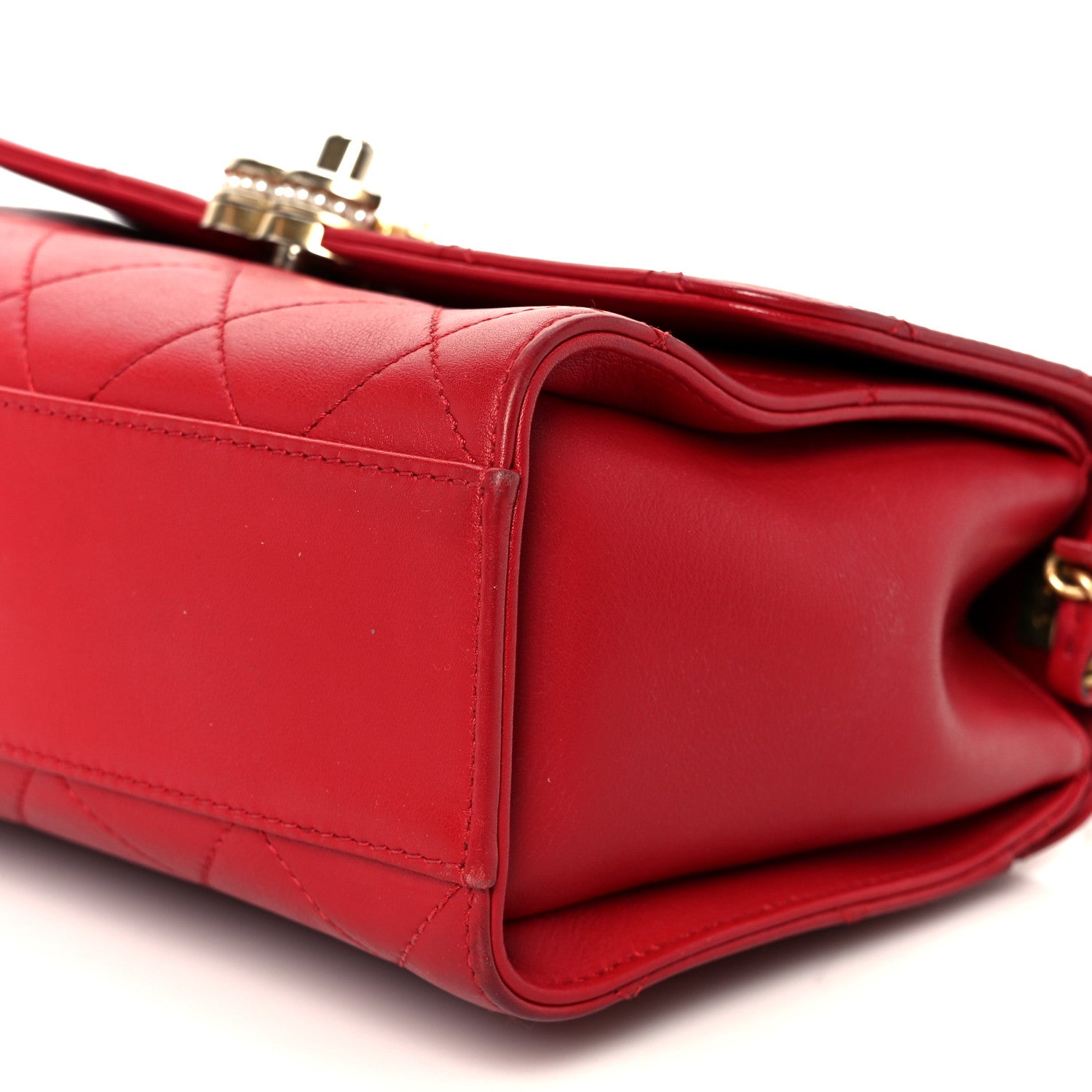 Lambskin Stitched Pearl Logo Top Handle Flap Red