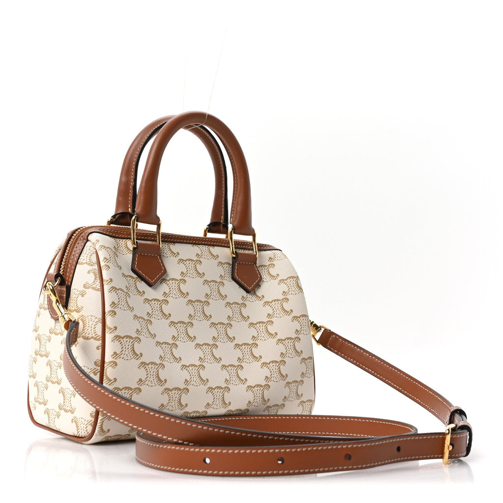 Triomphe Canvas Calfskin Small Boston Bag White