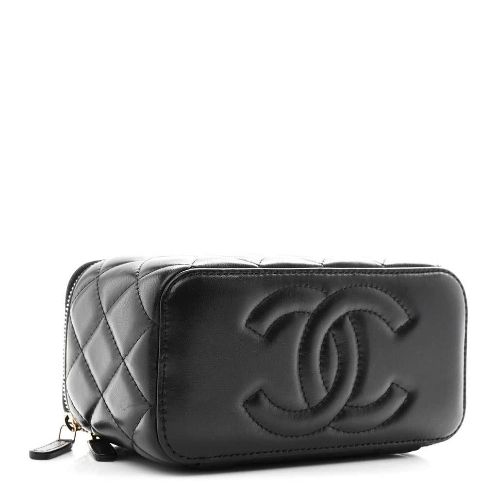 Lambskin Quilted Pearl Crush Small Vanity Case With Chain Black