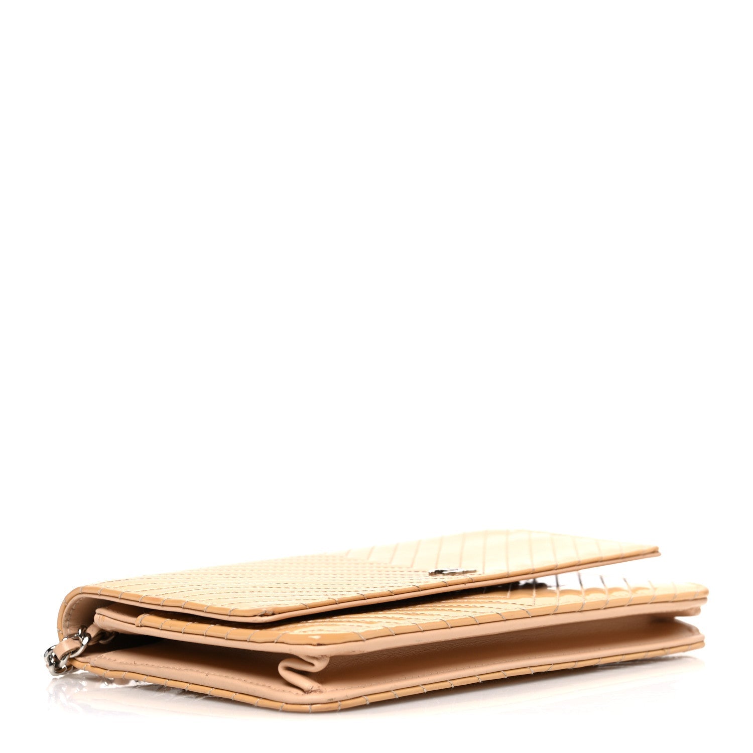 Patent Calfskin Chevron Quilted Wallet On Chain WOC Beige