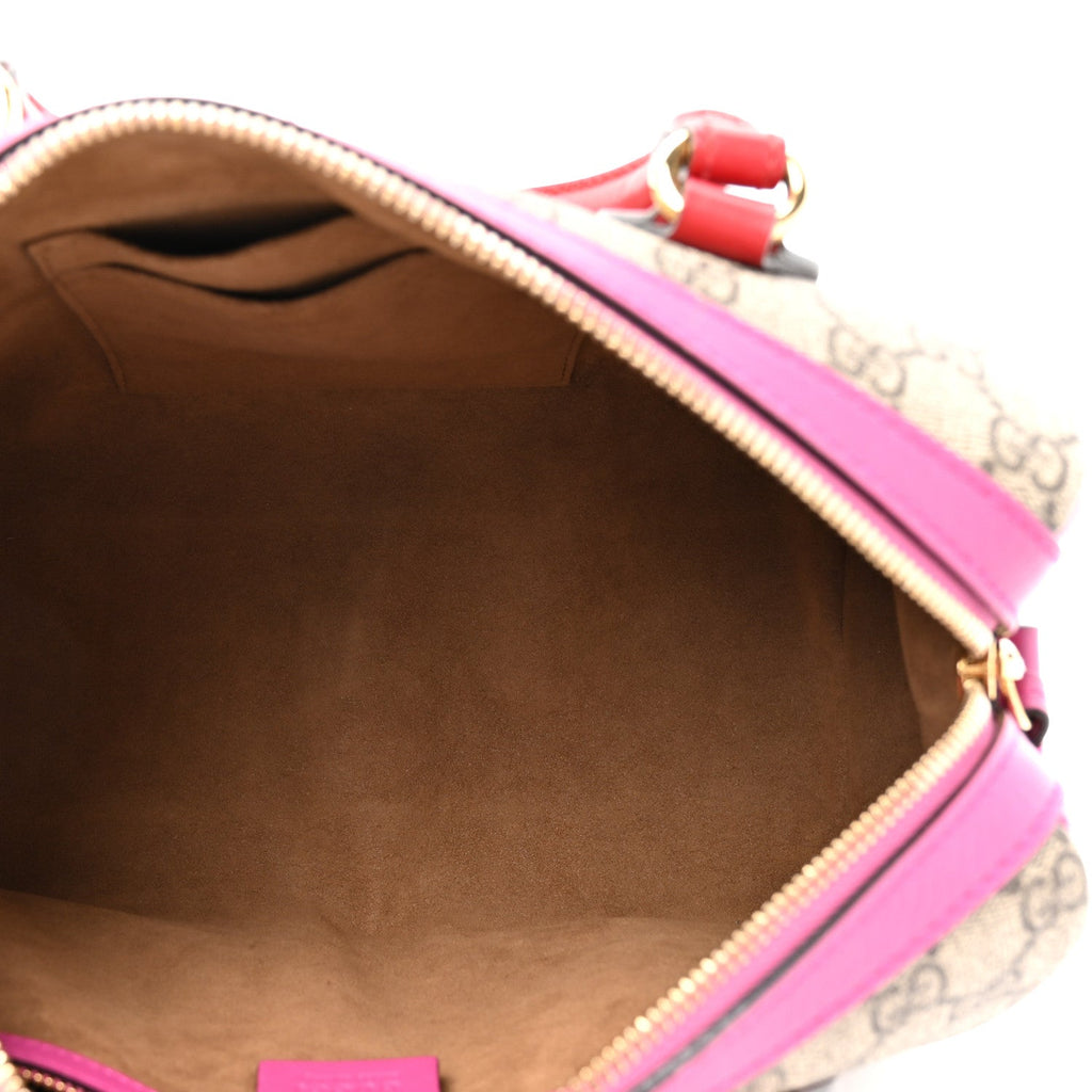 GG Supreme Monogram Moon Calfskin Small Boston Beige Ebony Hibiscus Red New Rosette