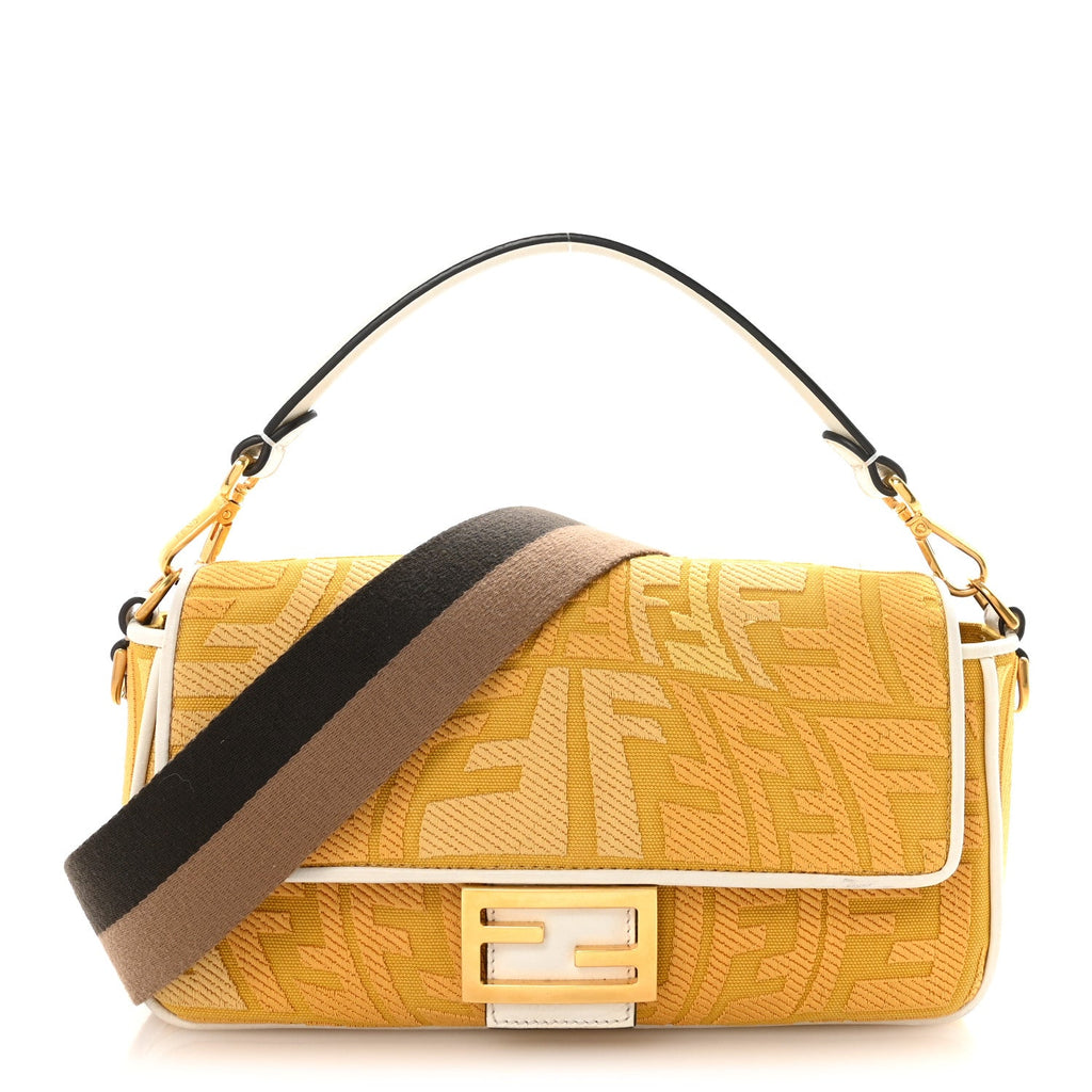 X SARA COLEMAN Canvas Vitello King Seta FF Fish Eye Embroidered Baguette Mostarda White Ice