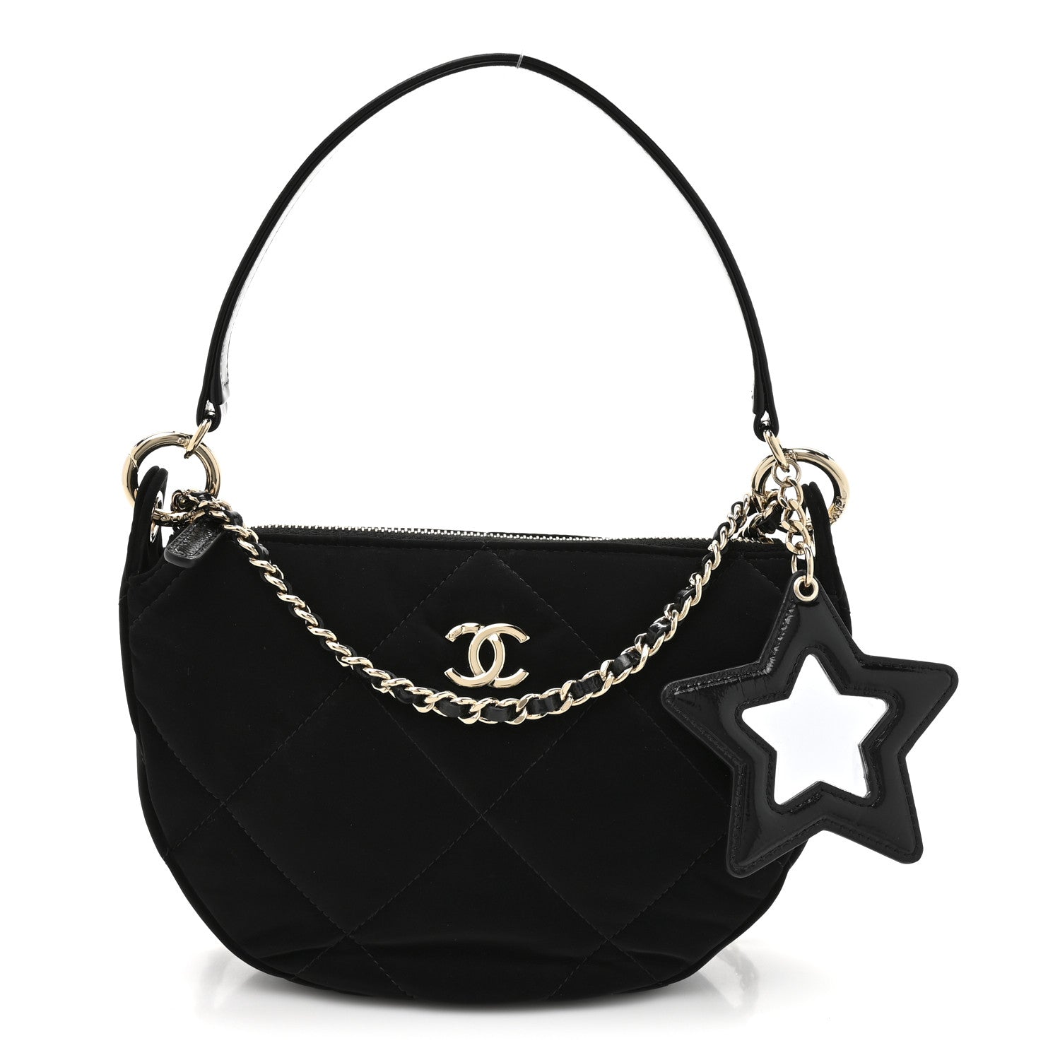 Velvet Effect Nylon Shiny Crumpled Calfskin Coco Neige Quilted Clutch With Chain Black