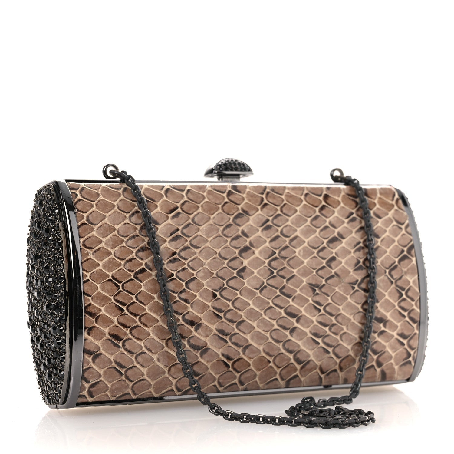 Snakeskin Crystal Box Clutch Brown Black