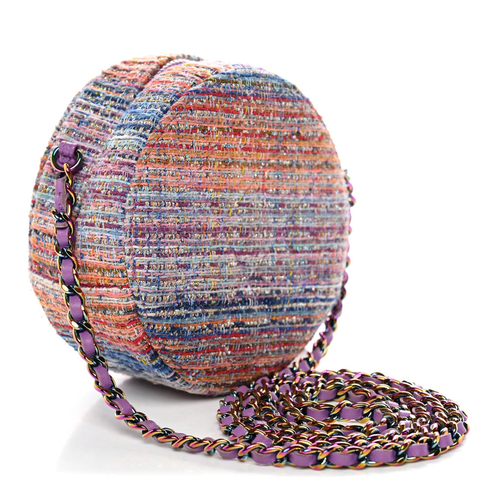 Tweed Quilted Round Clutch With Chain Blue Pink Orange
