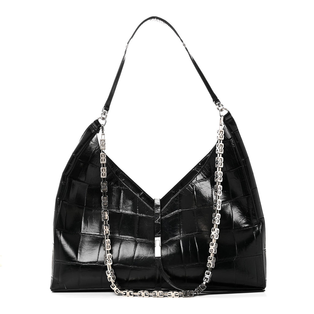 Calfskin Crocodile Embossed Large Cut Out Shoulder Bag Black