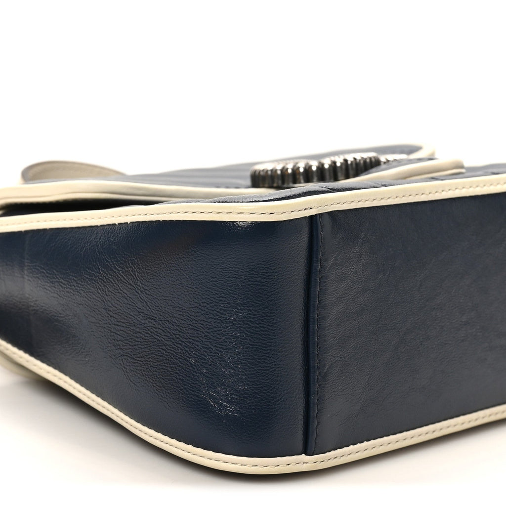 Vintage Effect Calfskin Matelasse Diagonal Mini Torchon GG Marmont Top Handle Shoulder Bag Blue Agata Mystic White