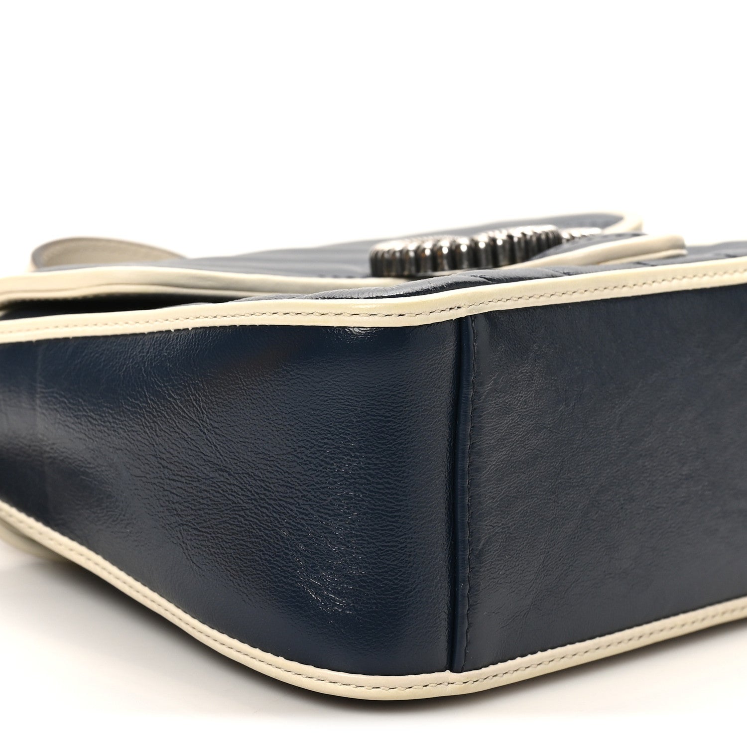 Vintage Effect Calfskin Matelasse Diagonal Mini Torchon GG Marmont Top Handle Shoulder Bag Blue Agata Mystic White