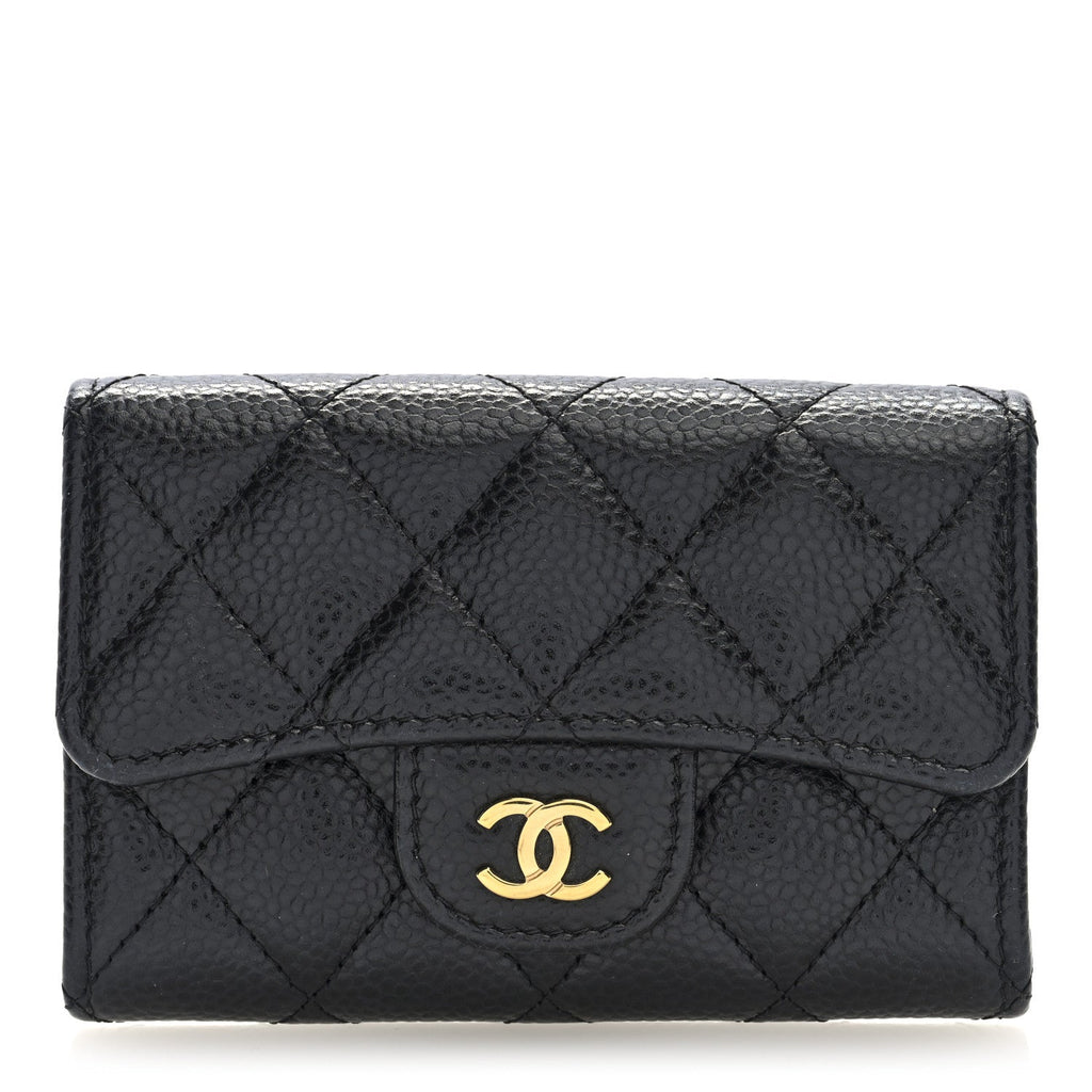 Caviar Quilted Flap  Holder Wallet Black