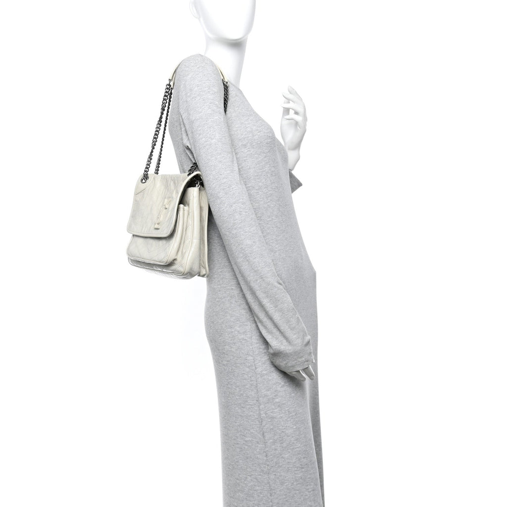 Crinkled Calfskin Matelasse Monogram Medium Niki Chain Satchel Crema Soft