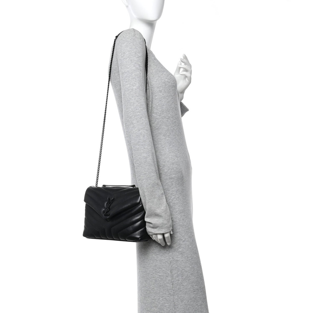Calfskin Y Quilted Monogram Monochrome Small Loulou Chain Satchel Black