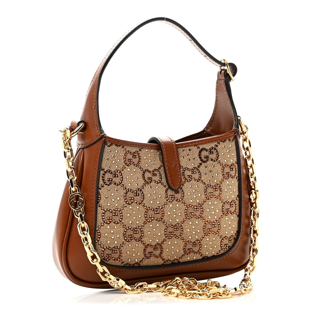 New Canvas Charisma Calfskin Crystal GG Monogram Mini Jackie 1961 Hobo Camel Ebony