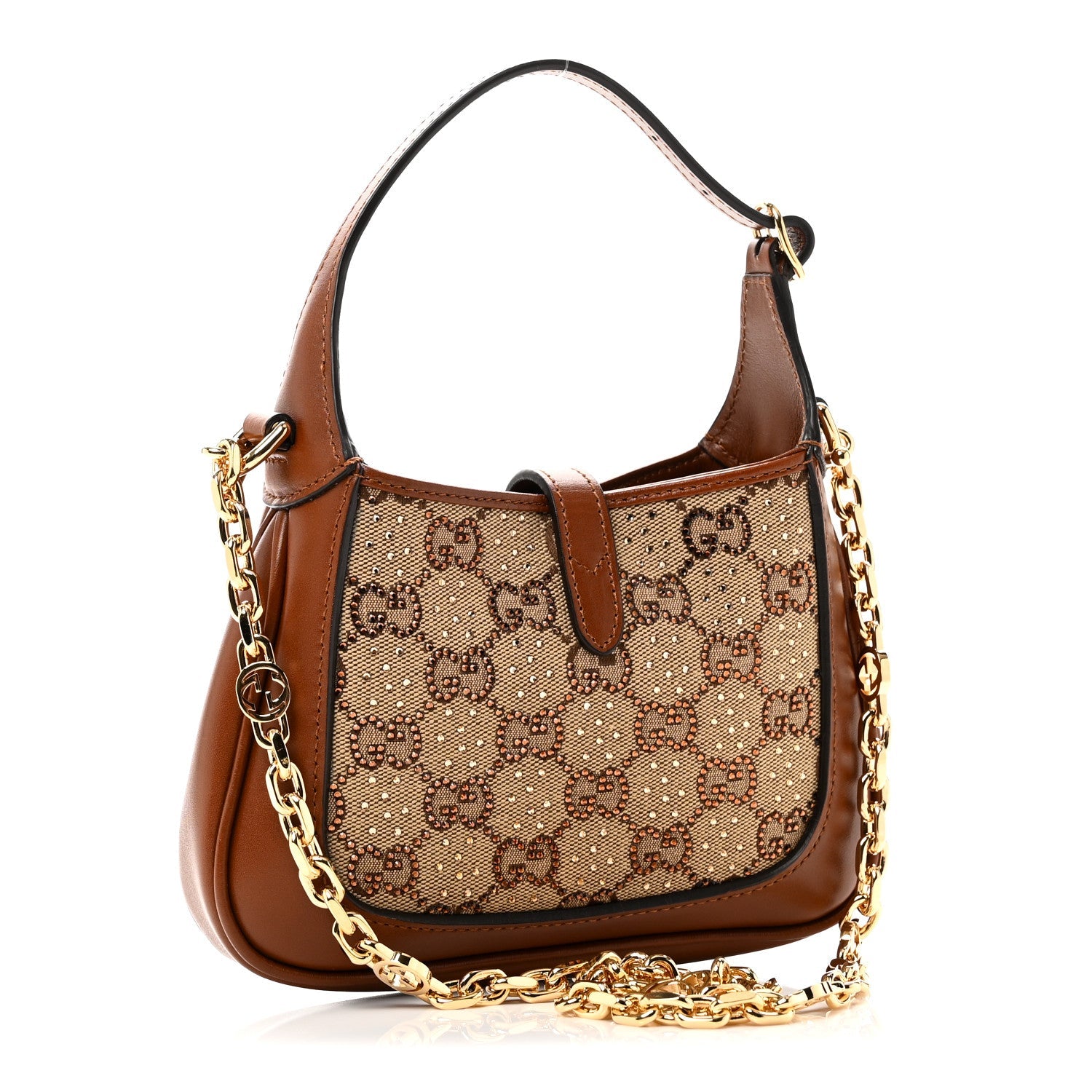 New Canvas Charisma Calfskin Crystal GG Monogram Mini Jackie 1961 Hobo Camel Ebony