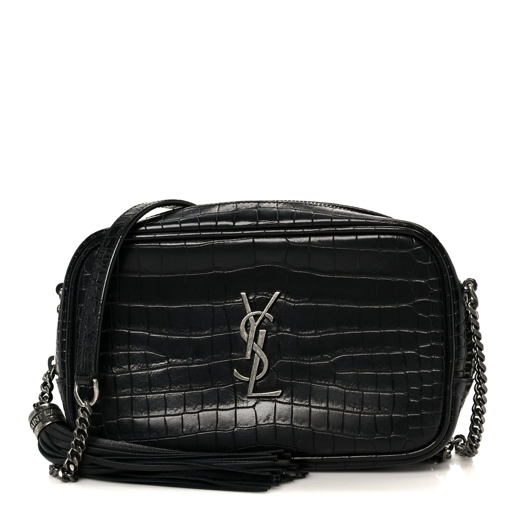 Calfskin Crocodile Embossed Monogram Mini Lou Camera Bag Black
