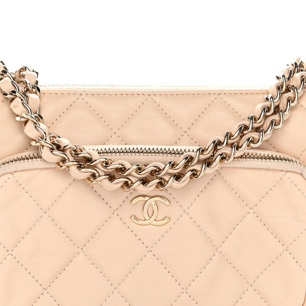 Shiny Crumpled Lambskin Quilted Small Preppy Pocket Clutch With Chain Beige
