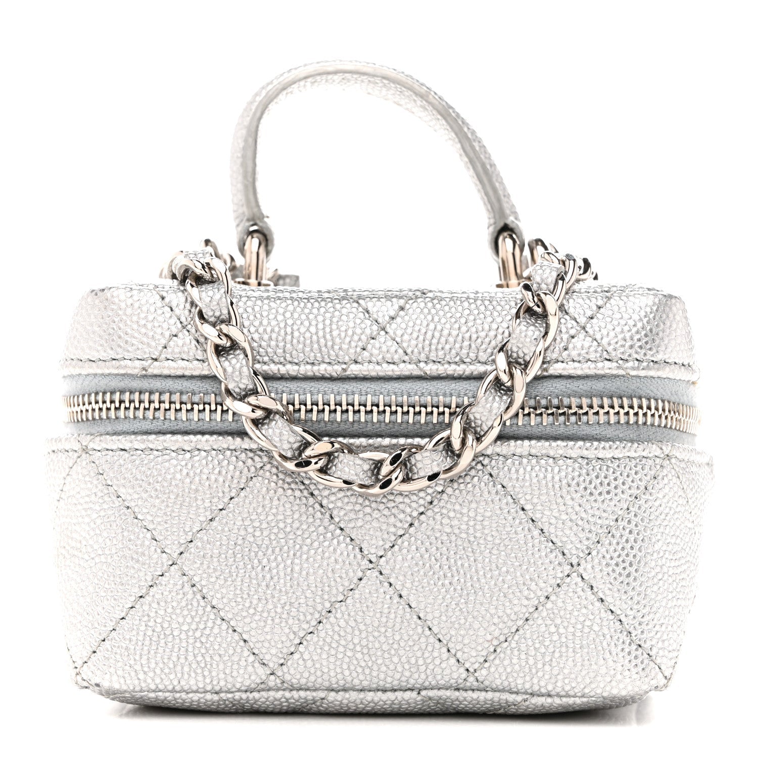 Metallic Caviar Quilted Mini Top Handle Vanity With Chain Silver