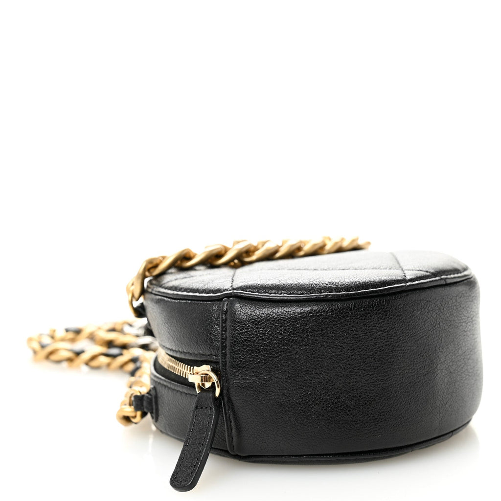 Shiny Goatskin Quilted Chanel 19 Round Clutch With Chain Black