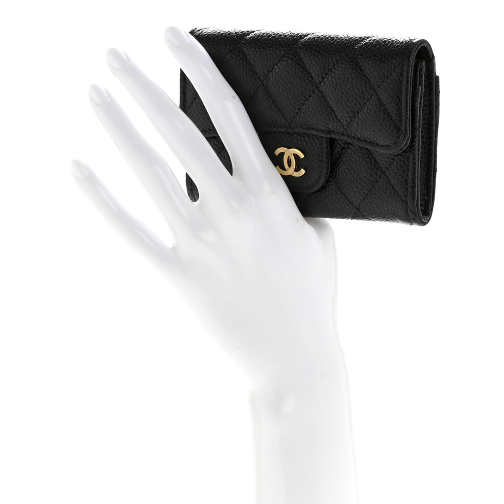 Caviar Quilted Flap  Holder Wallet Black