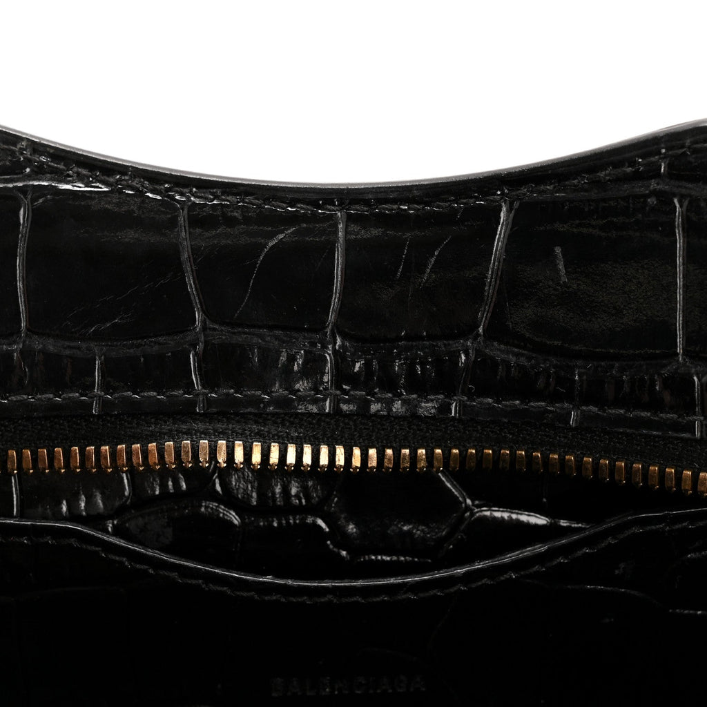 Shiny Supple Calfskin Crocodile Embossed Neo Classic Gold Hardware Mini City Black