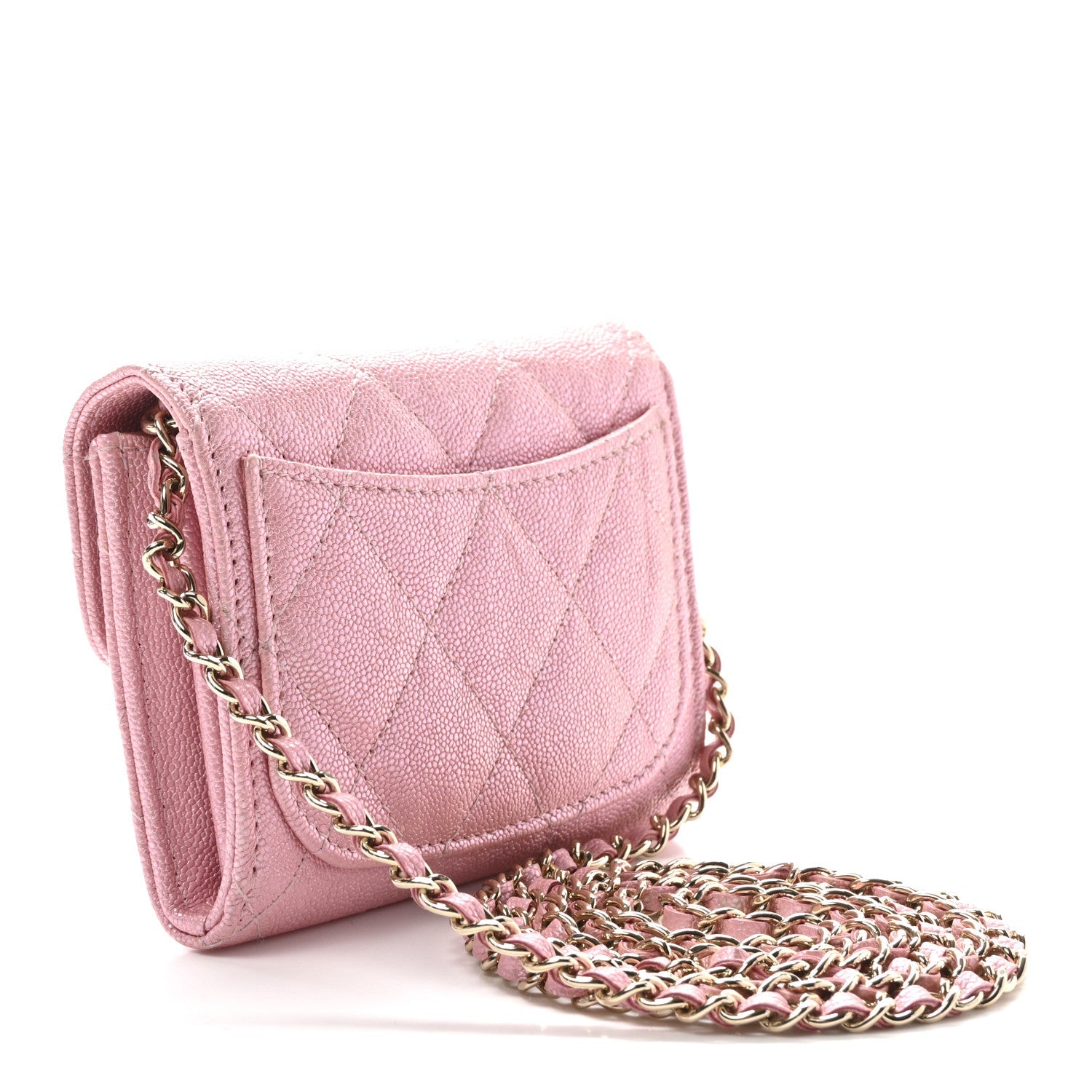 Iridescent Caviar Quilted Flap  Holder On Chain Pink