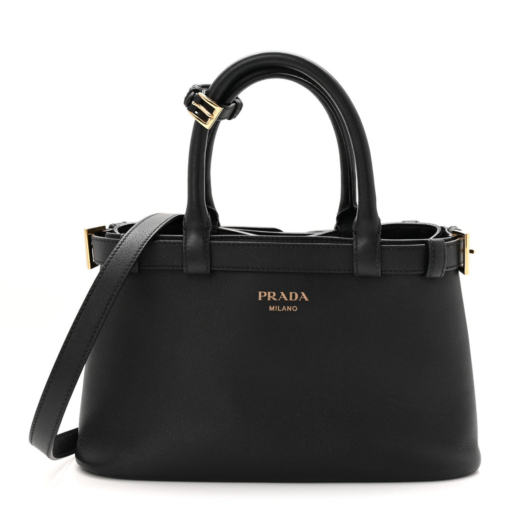 Soft Grain Calfskin Small Double Belt Tote Black