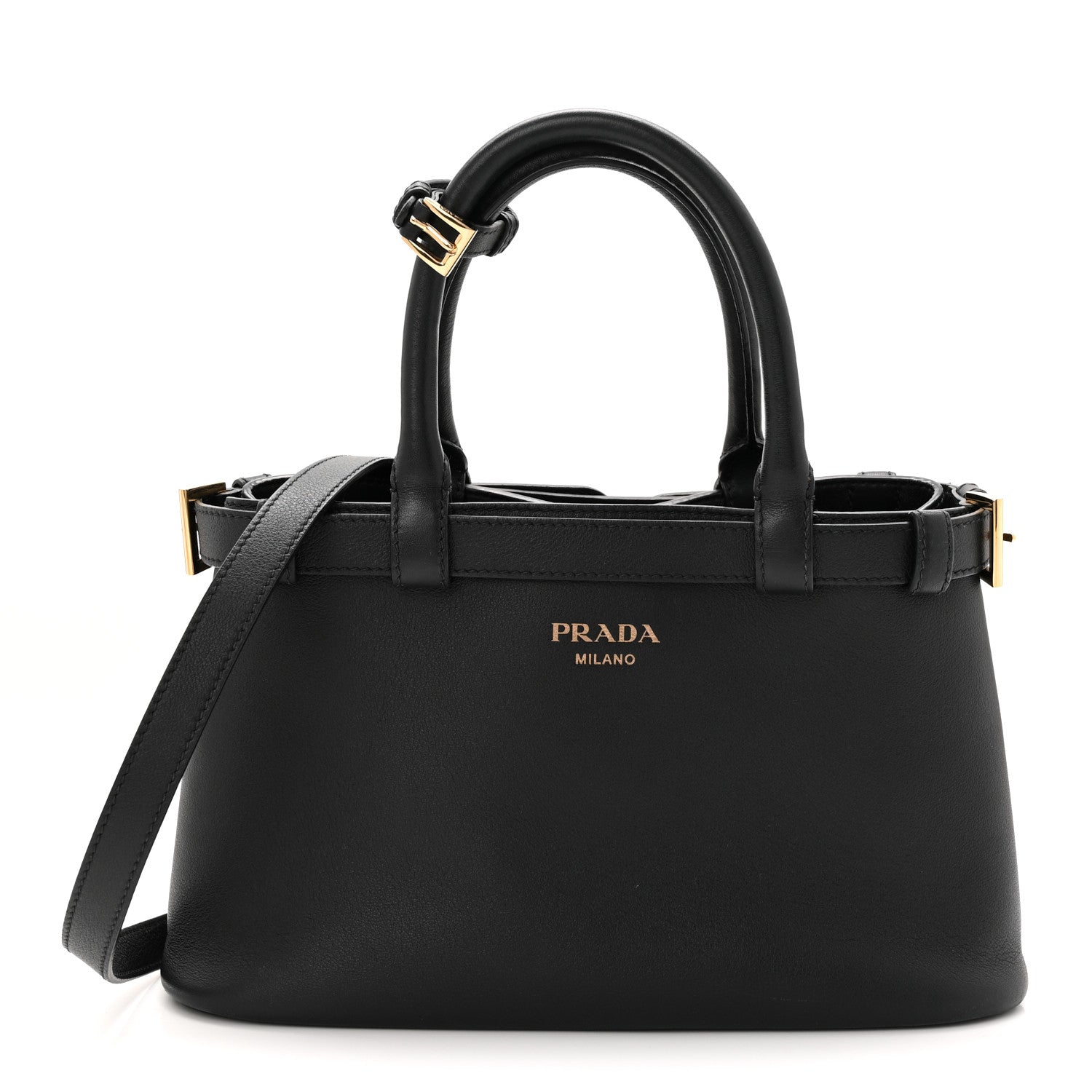 Soft Grain Calfskin Small Double Belt Tote Black