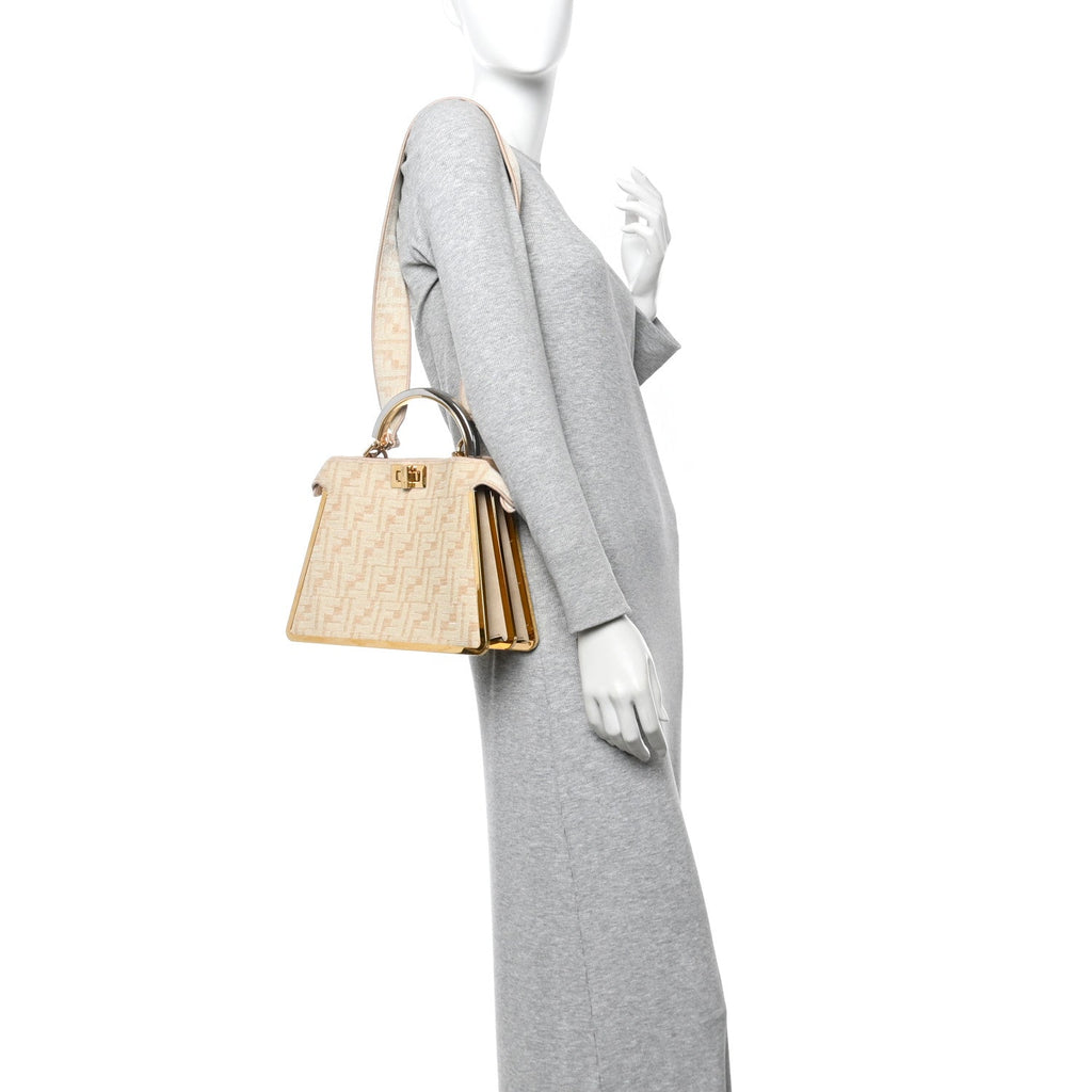 Chenille Suede Metal FF Small Peekaboo I SEE U Satchel Beige White