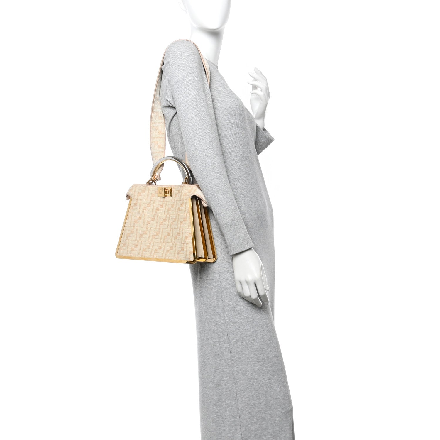 Chenille Suede Metal FF Small Peekaboo I SEE U Satchel Beige White