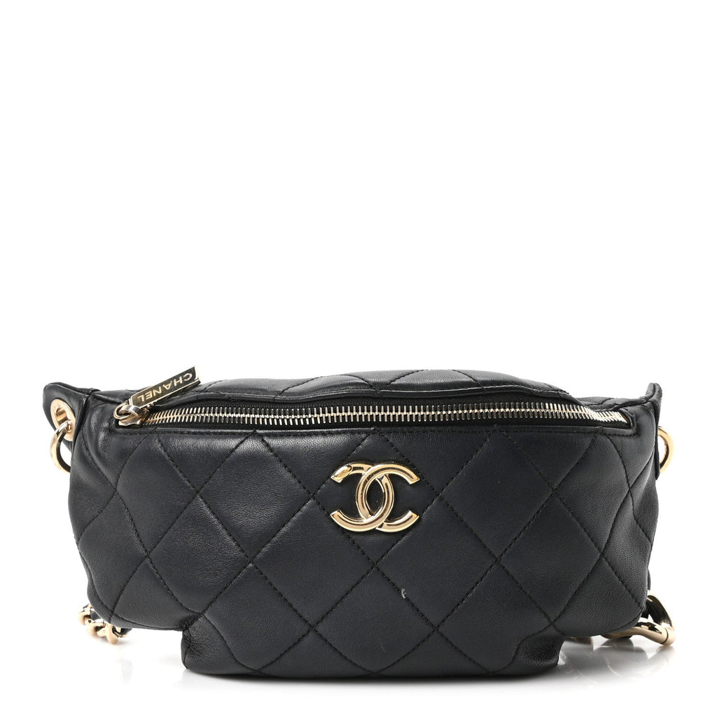 Lambskin Quilted Resin Bi-Color Waist Bag Fanny Pack Black