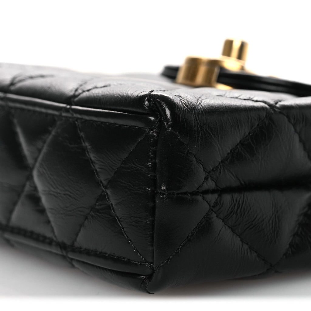 Shiny Aged Calfskin Quilted Mini Nano Kelly Shopper Black