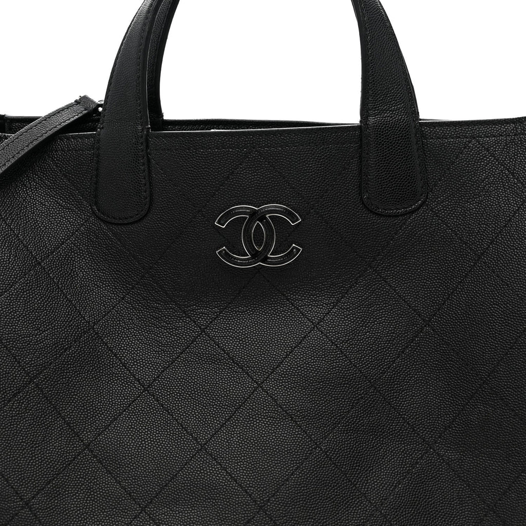 Caviar Stitched Large Lady Coco Shopping Tote Black
