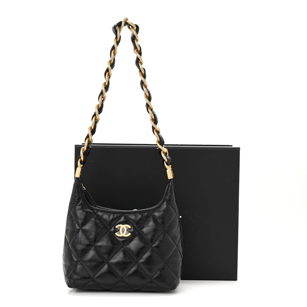 Shiny Crumpled Lambskin Quilted Small CC Funky Town Hobo Black