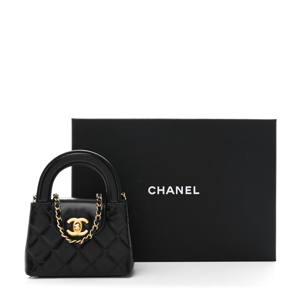 Shiny Aged Calfskin Quilted Mini Nano Kelly Shopper Black
