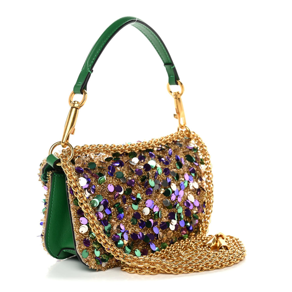 Sequin Crystal Vlogo Embroidered Small Loco Shoulder Bag Gold Multicolor