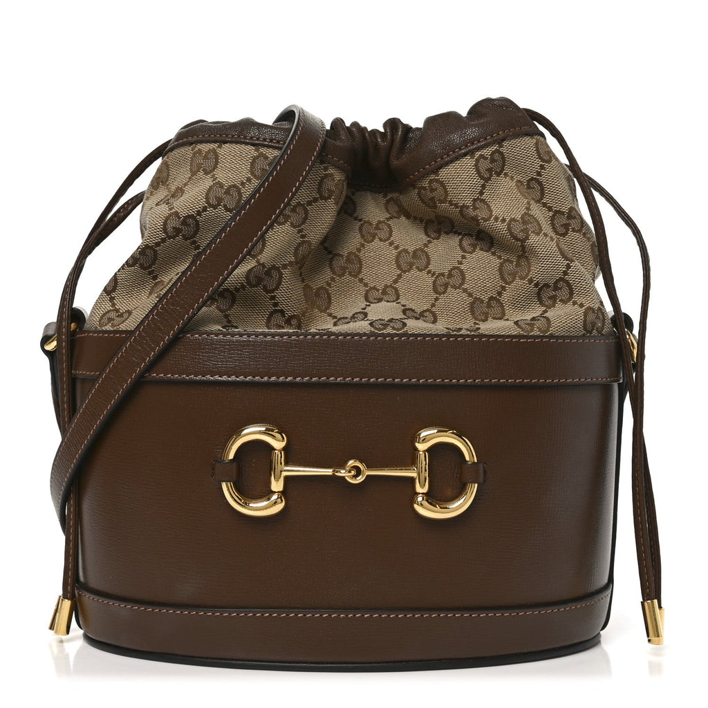 Monogram Textured Calfskin Horsebit 1955 Drawstring Bucket Bag Beige Brown Sugar