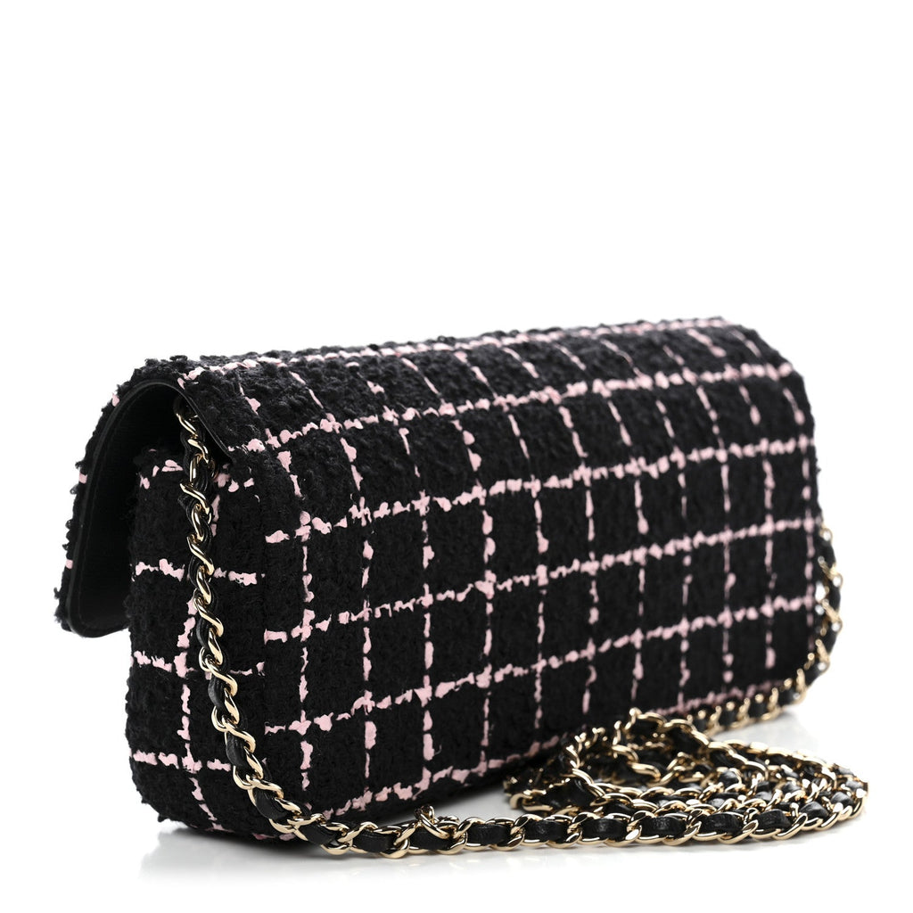 Tweed Quilted East West Camellia Clutch Black Pink