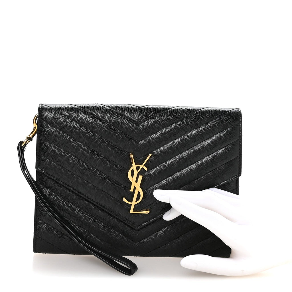 Grain De Poudre Matelasse Chevron Monogram Envelope Clutch Black