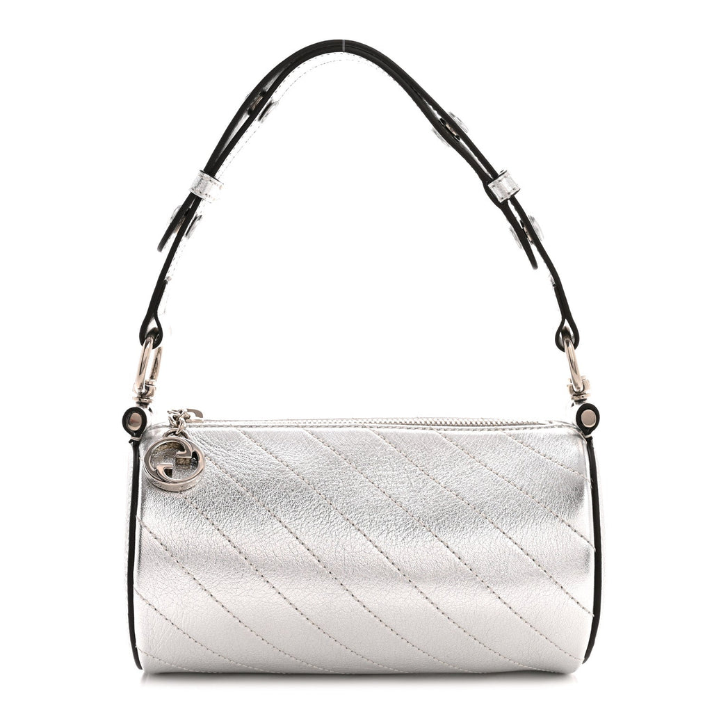 Sakai Be Green Calfskin Diagonal Stitched Mini Blondie Barrel Shoulder Bag Silver