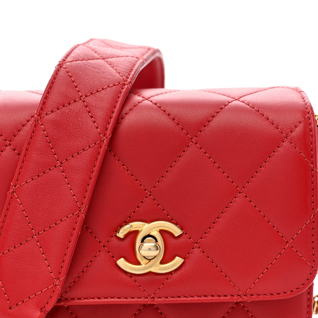 Lambskin Quilted Small Multiple Chain Flap Red