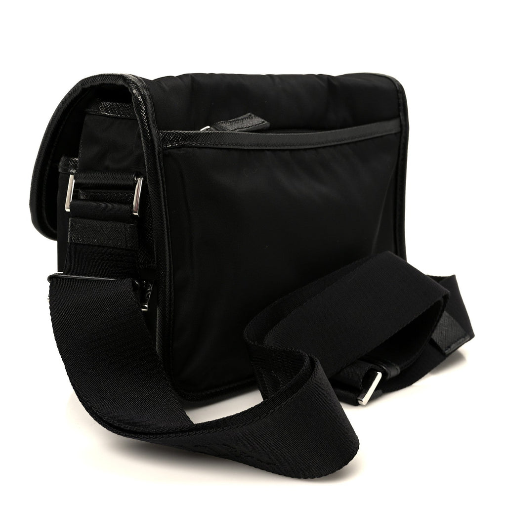 Re-Nylon Saffiano Pocket Double Snap Buckle Shoulder Bag Black