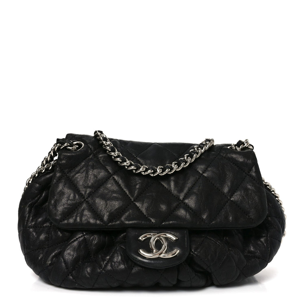Washed Lambskin Quilted Medium Chain Around Messenger Black
