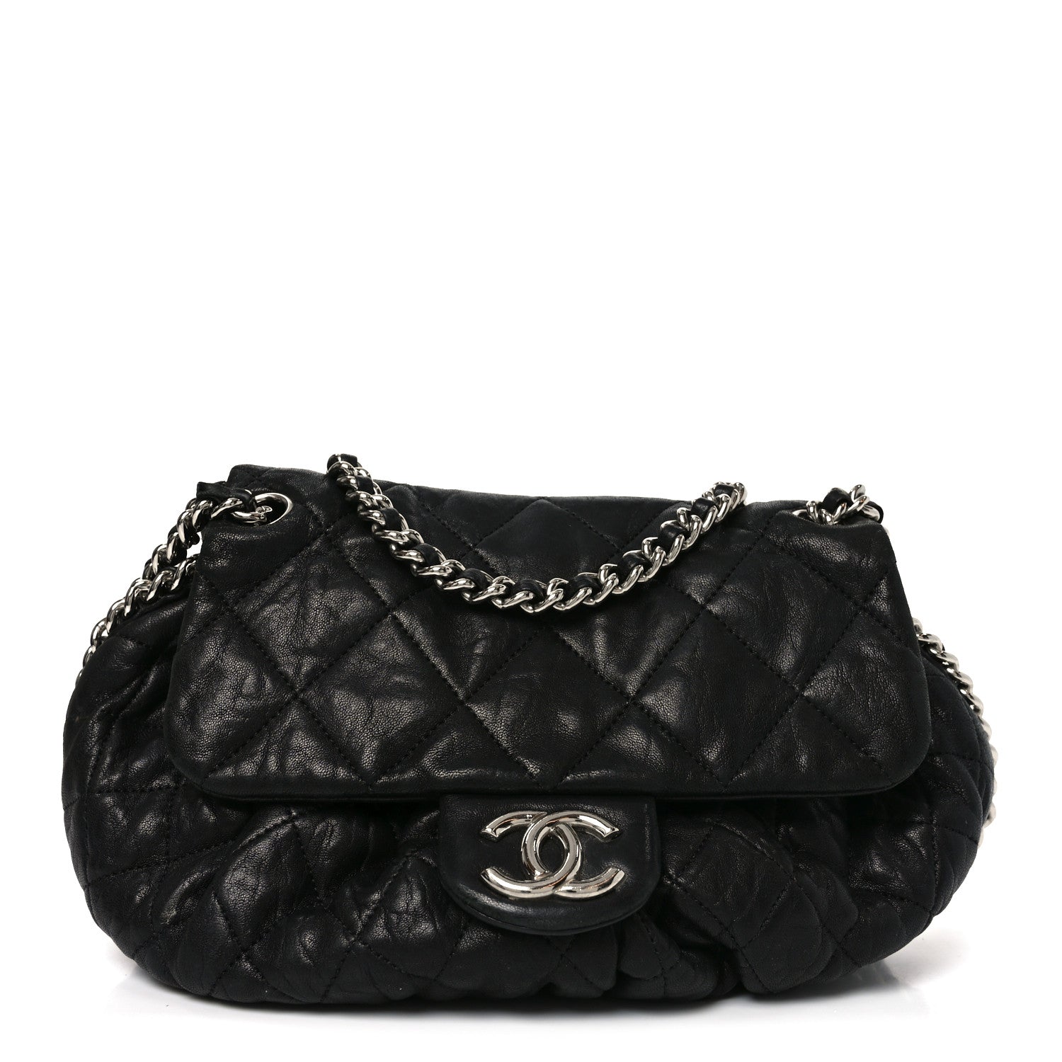 Washed Lambskin Quilted Medium Chain Around Messenger Black